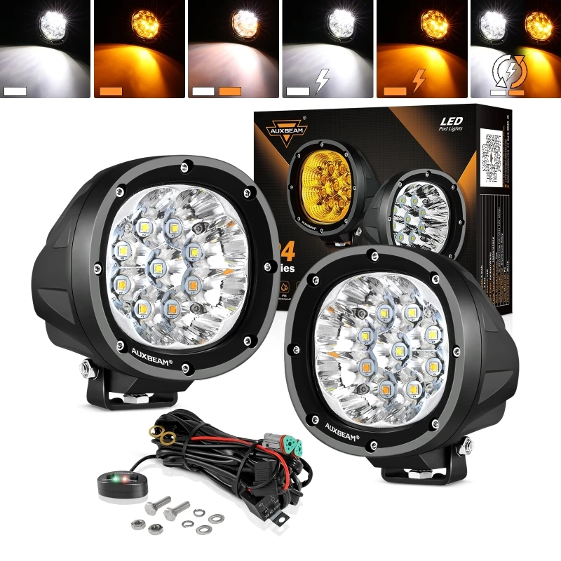 

AUXBEAM 4 Inch 90W 6 Mode Round LED Work Driving Light White & Amber Fog Lamp with Wiring Harness For Truck Pickup SUV ATV UTV