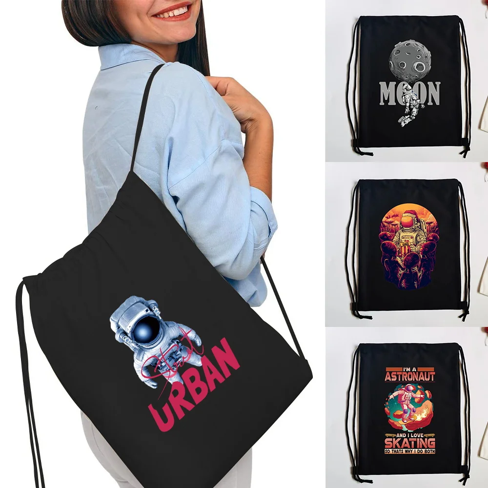 Practical Canvas Shopping Backpack Astronaut Print Drawstring Sport Bag Gym Storage Daily Sack Pack