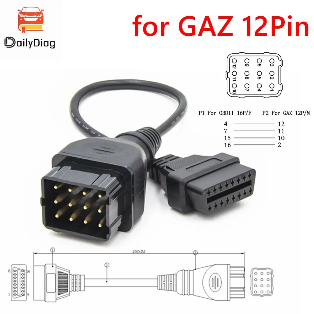 

OBD2 Cable Adapter Truck Cable for GAZ 12Pin to OBD 2 16Pin Connector for GAZ 12 Pin Male to 16pin Female