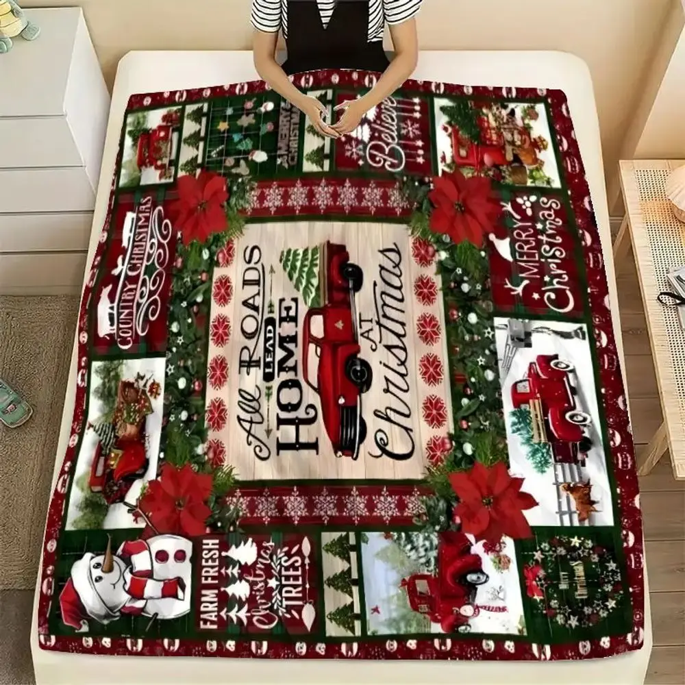 Cozy Christmas Quilt Blanket - All Roads Lead Home at Christmas with Vintage Red Truck Design, Soft Festival Throw for Holiday G