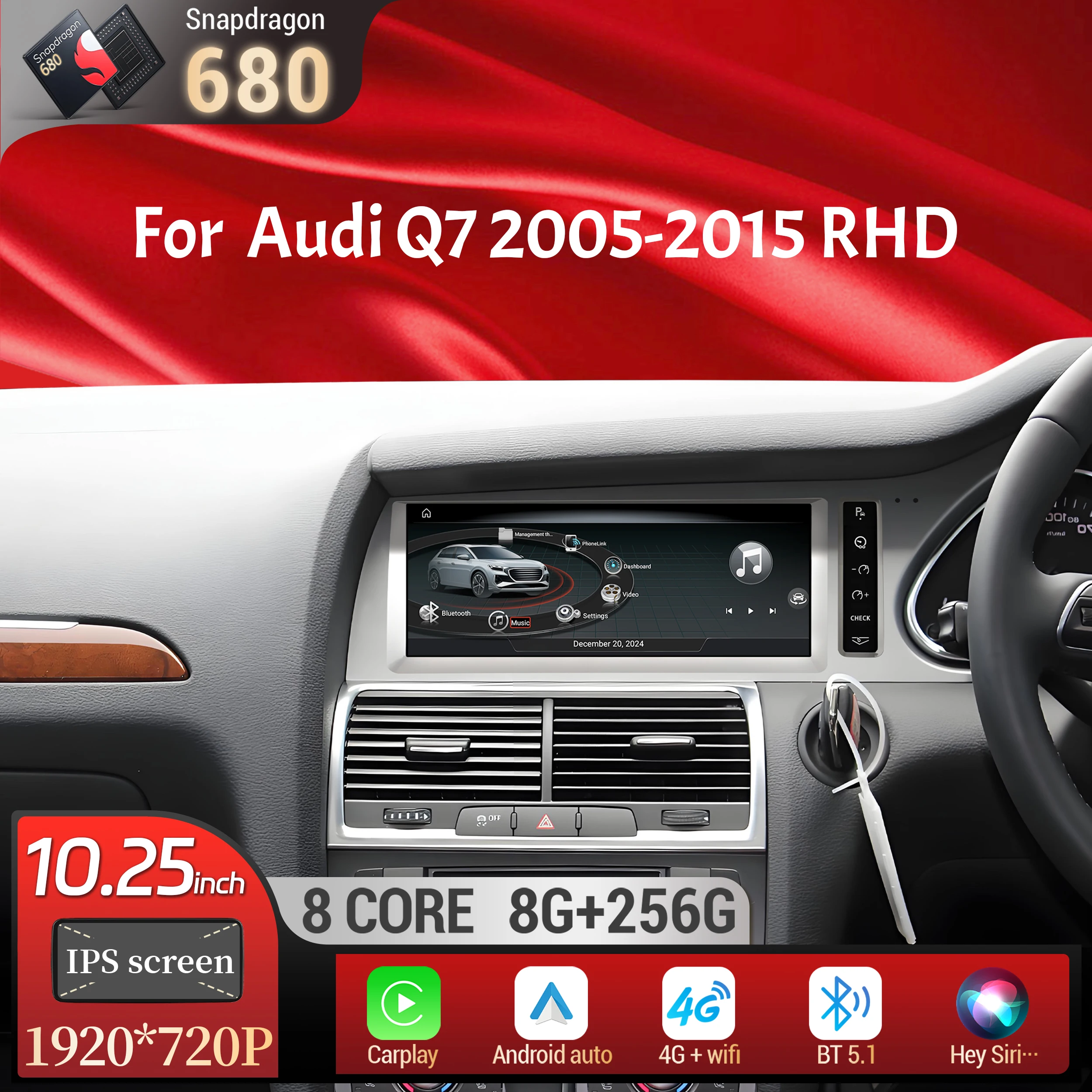 10.25 inch Android 14 Right Hand Drive Car Radio For Audi Q7 2005-2015 Wireless Carplay Qualcomm Snapdragon 680 Head Unit Screen