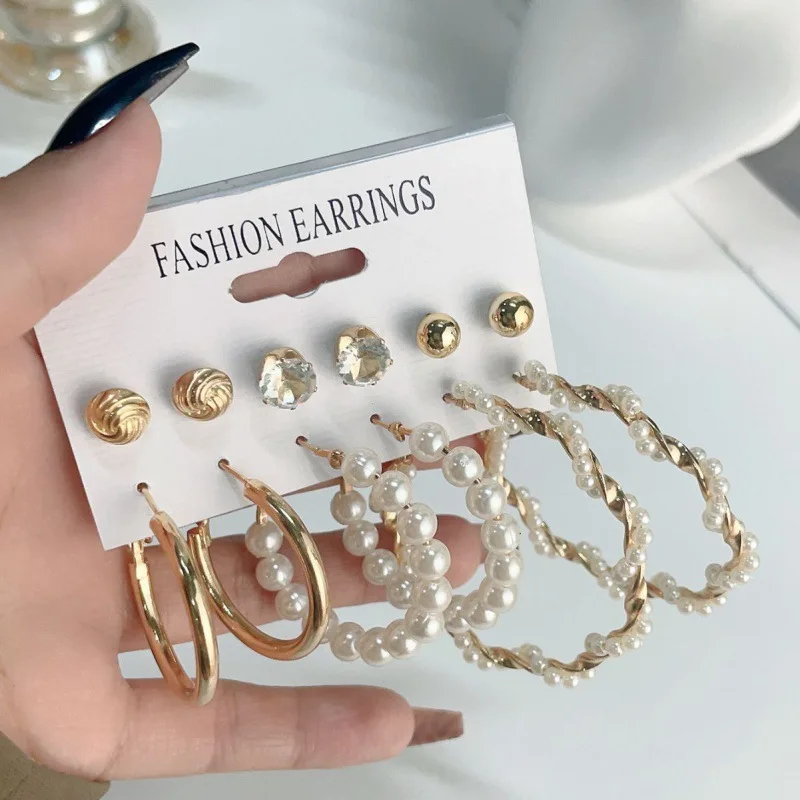 New Arrival 6 Pairs/set Women Earrings New Golden Vintage Fashion Earrings Ear Studs Hoop Earrings Imitation Pearl Earrings image 3