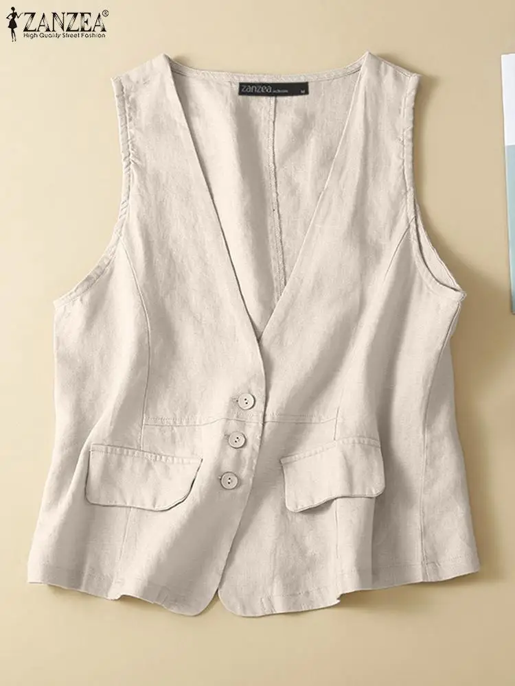 

ZANZEA Summer Fashion Cotton Vests Vintage OL Work Shirt Sleeveless V-Neck Tank Tops Elegant Streetwear Chemise Loose Blusas