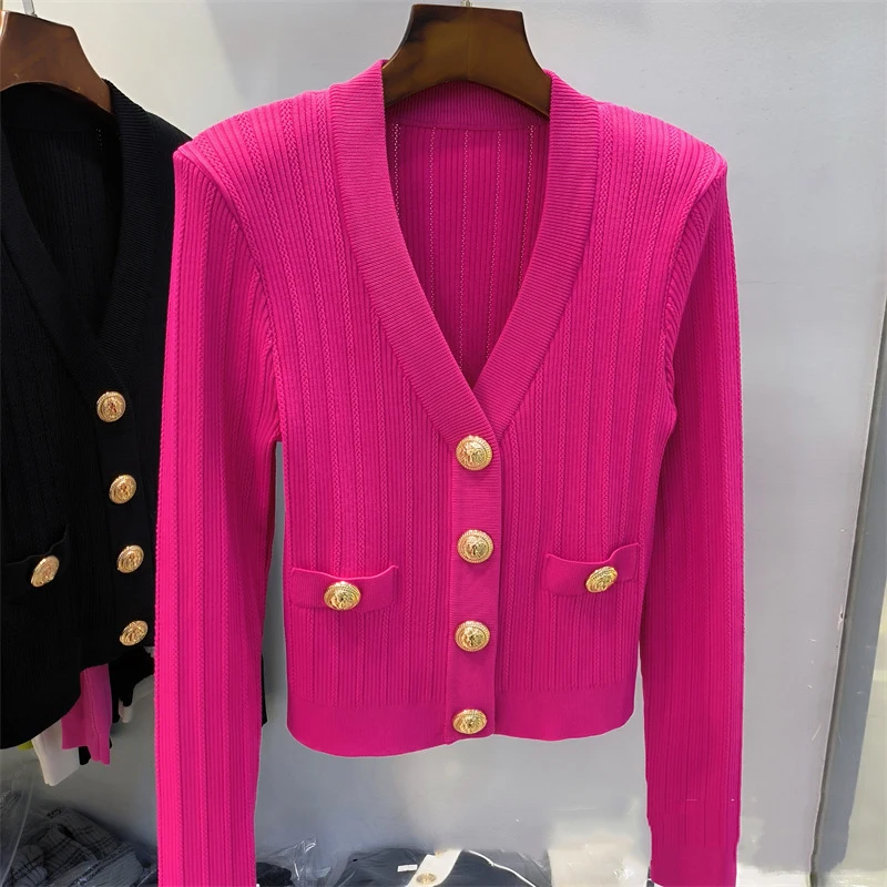 High Quality Women Fashion Fall New Elegant Metal Button V-Neck Slim Fit Stretch Knit Cardigan Sweater Top