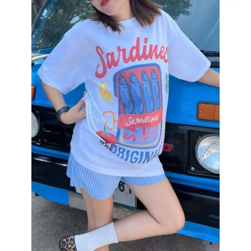 Fish Seafood Tshirt Summer American Street Ins Personalized Korean Fashion Y2k Aesthetic Clothing Short Sleeve Cotton Loose Tops