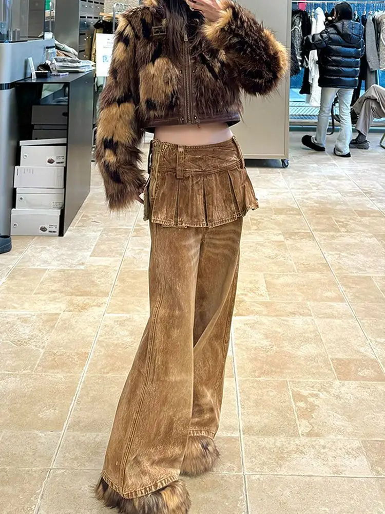 

American Retro Removable Two-wear Culottes Women's Spring New Spice Girl Fake Two-piece Micro-speaker Floor-mopping Trousers