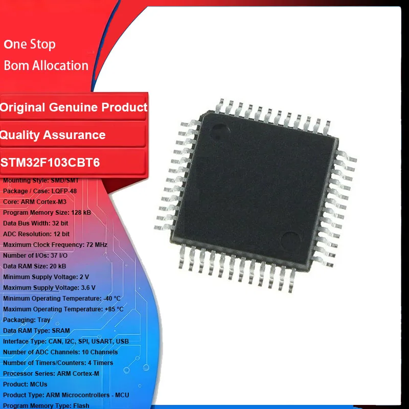 STM32F103CBT6 Original New 10PCS LQFP-48 Microcontroller MCU ARM Cortex M3 32 Bit 72 MHz Integrated Circuit IC Chip for PCB DIY