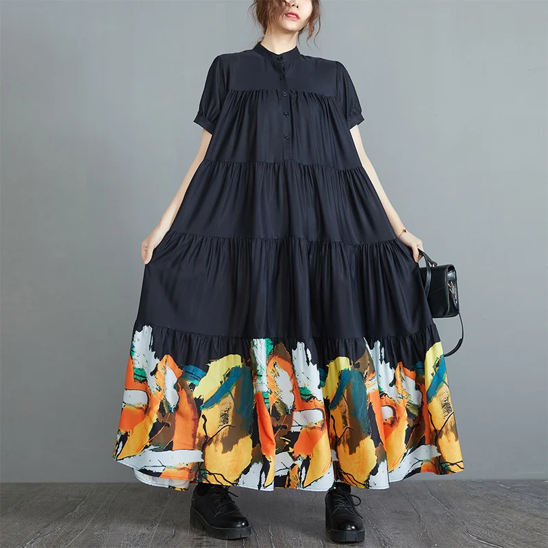 

Summer Black Vintage Print Patchwork Long Shirt Dress Women Stand Collar Short Leeve Casual Loose Plus Size A-line Dresses