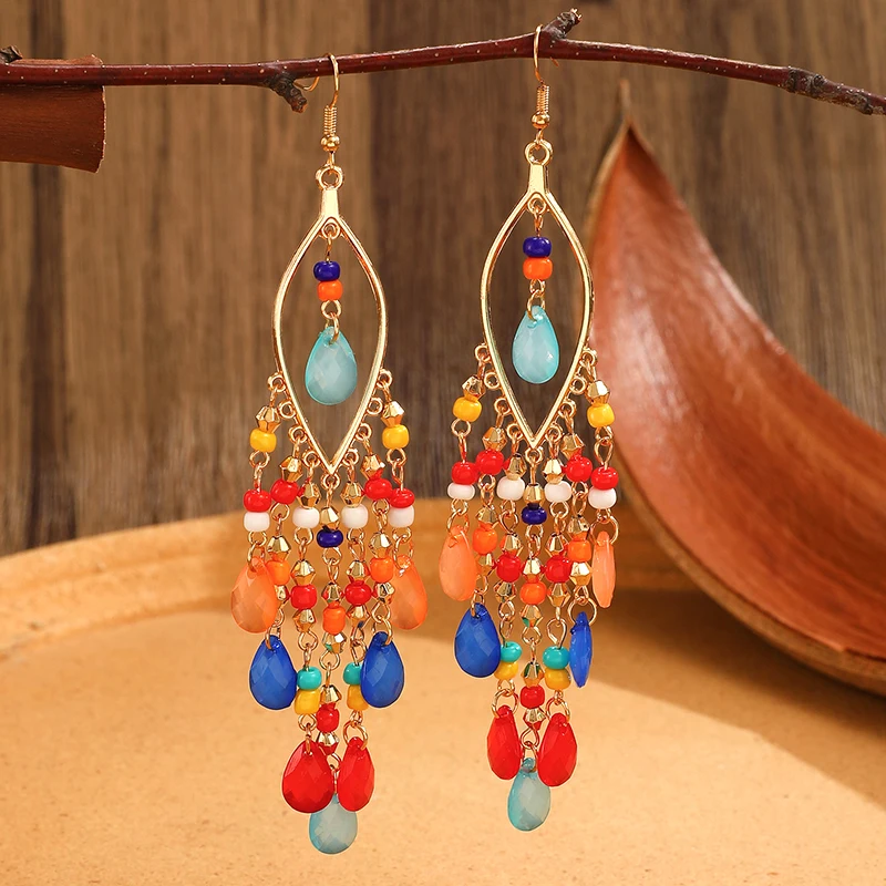 Ethnische Lange Acryl Wasser Tropfen Ohrringe für Frauen Retro Boho Gold Farbe Hohl Quaste Ohrringe Bijoux Femme Zubehör – Detail 3