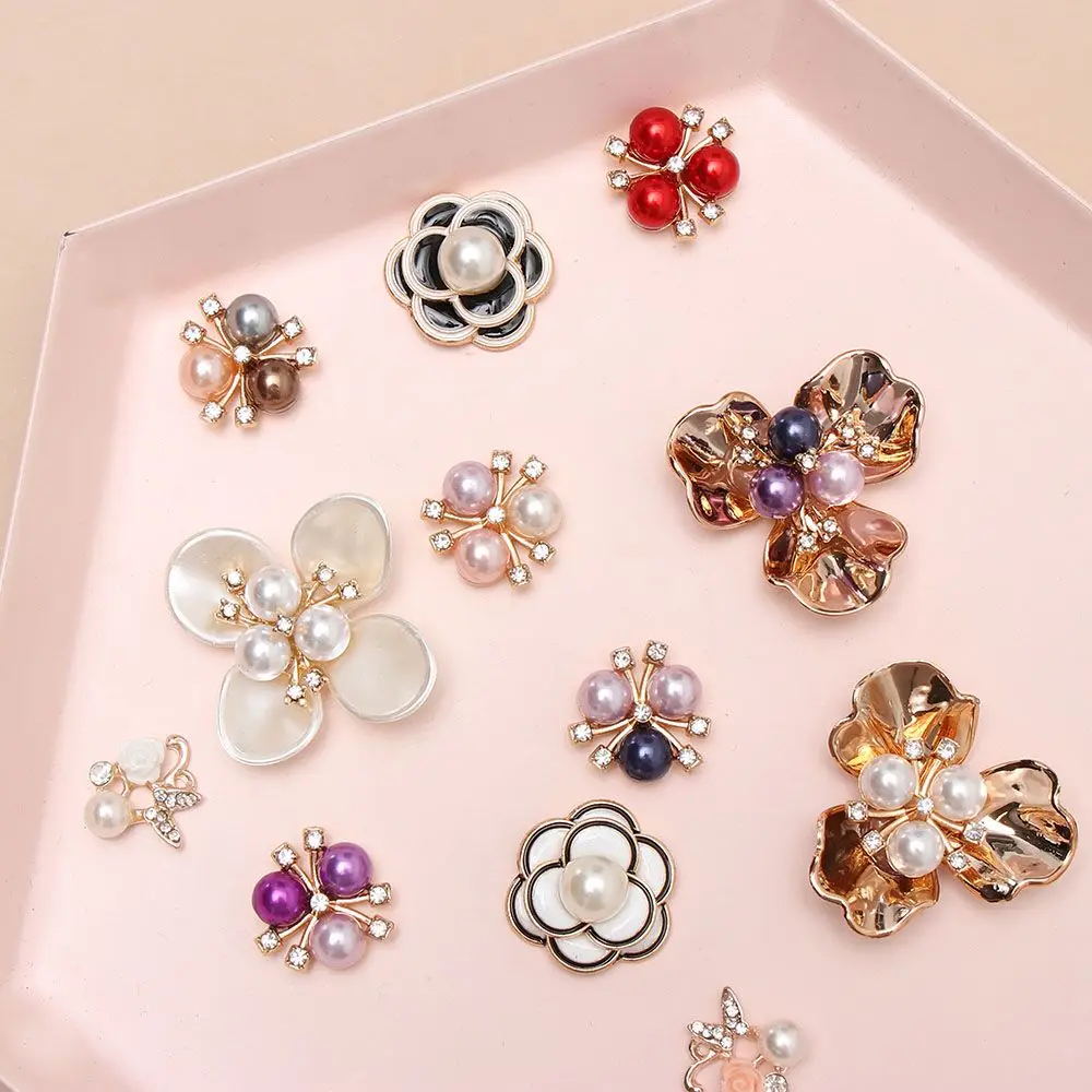 10PCS Handmade Bow Accessories Pearl Flower Rhinestone Buttons Sparkling Crystal Hairpins Decoration Clothes Sewing Pearl Tool