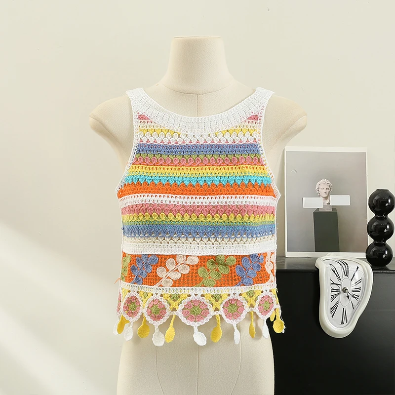 Boring Honey-Women's Rainbow Colors Tank Top, Round Collar, Tassels Sleeveless Crop Tops, Hollow Out, Knitted Short Tops, Summer