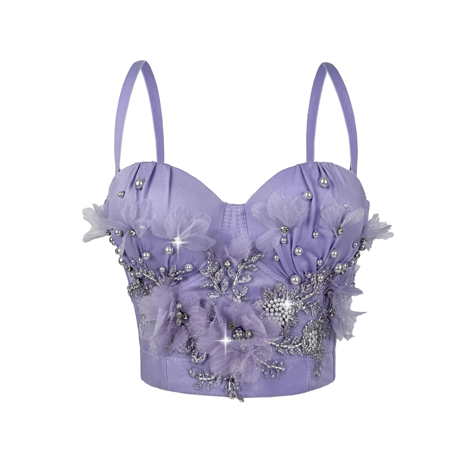 Handmade Beaded Flower Bustier with Pearls, Vintage Boned Corset Top for Women, Sexy Backless Camisole Shaper Lingerie Crop Top