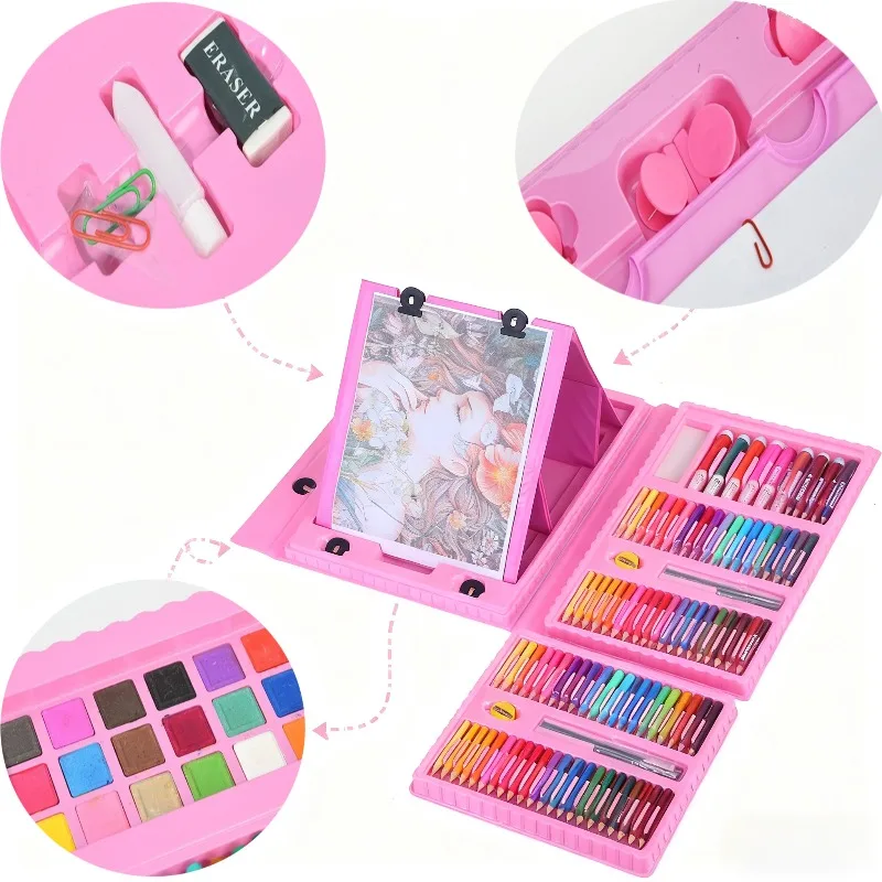 208ピース-キッズアートセット-クレヨン-水彩絵の具-折りたたみ式イーゼル付き-子供向けお絵かきギフト