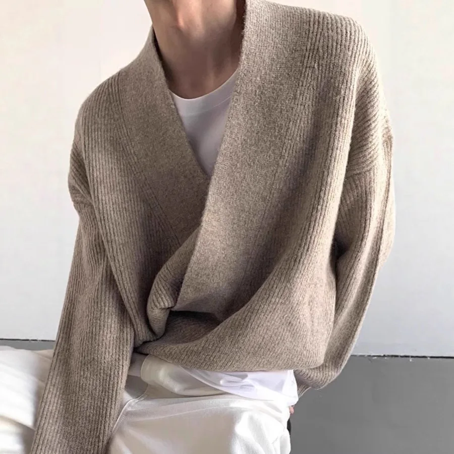 Irregular Diagonal Button V-neck Cardigan Sweater Men's 2026 Spring Design Sense Lazy Wind Knitted Sweater