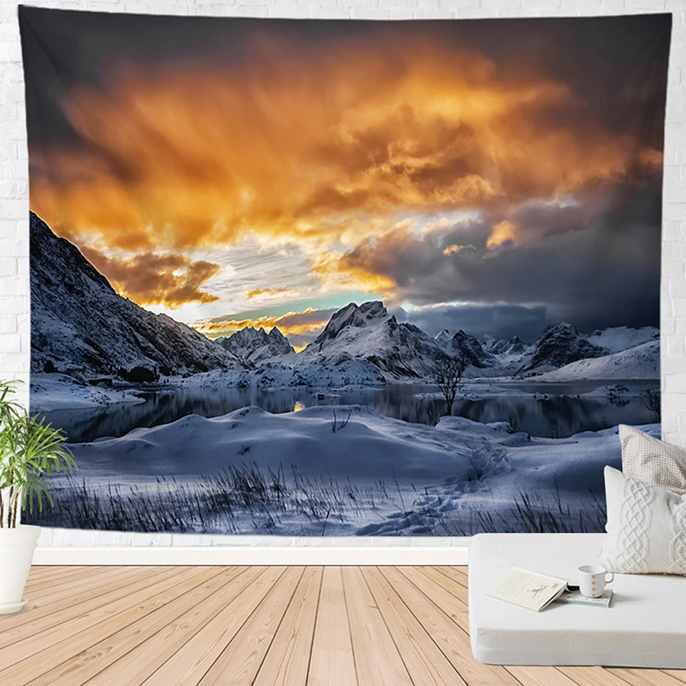 

Winter Snow Mountain Tapestry Sunset Snow Covered Natural Scenery Tapestries Bedroom Living Room Dorm Home Decor Wall Hanging