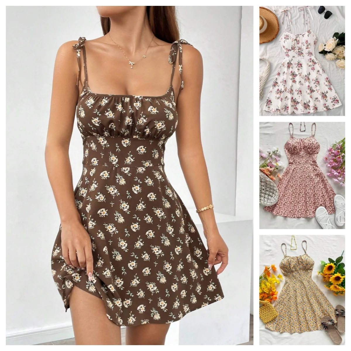 The Cami Dresses with Small Flower Prints A Backless Design and Thin Spaghetti Straps Is Suitable for Beach Vacations and Summer
