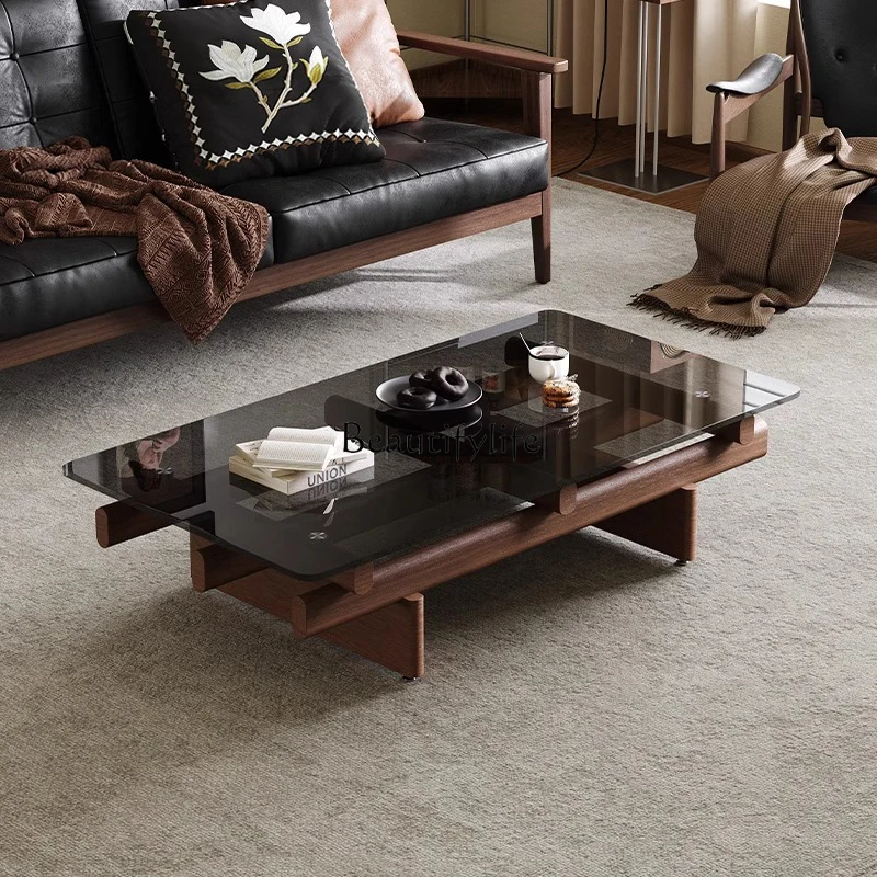 

Medieval style high-end coffee table living room home creative retro light luxury tempered glass solid wood