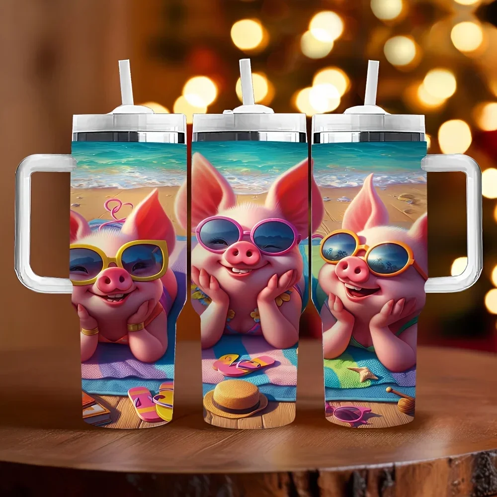 40Oz Insulated Tumbler with Handle, Cute Beach Pig Print, Suitable for Daily Use And Outdoor Scenes, Great Holiday And Birthday Gift for Animal Lovers