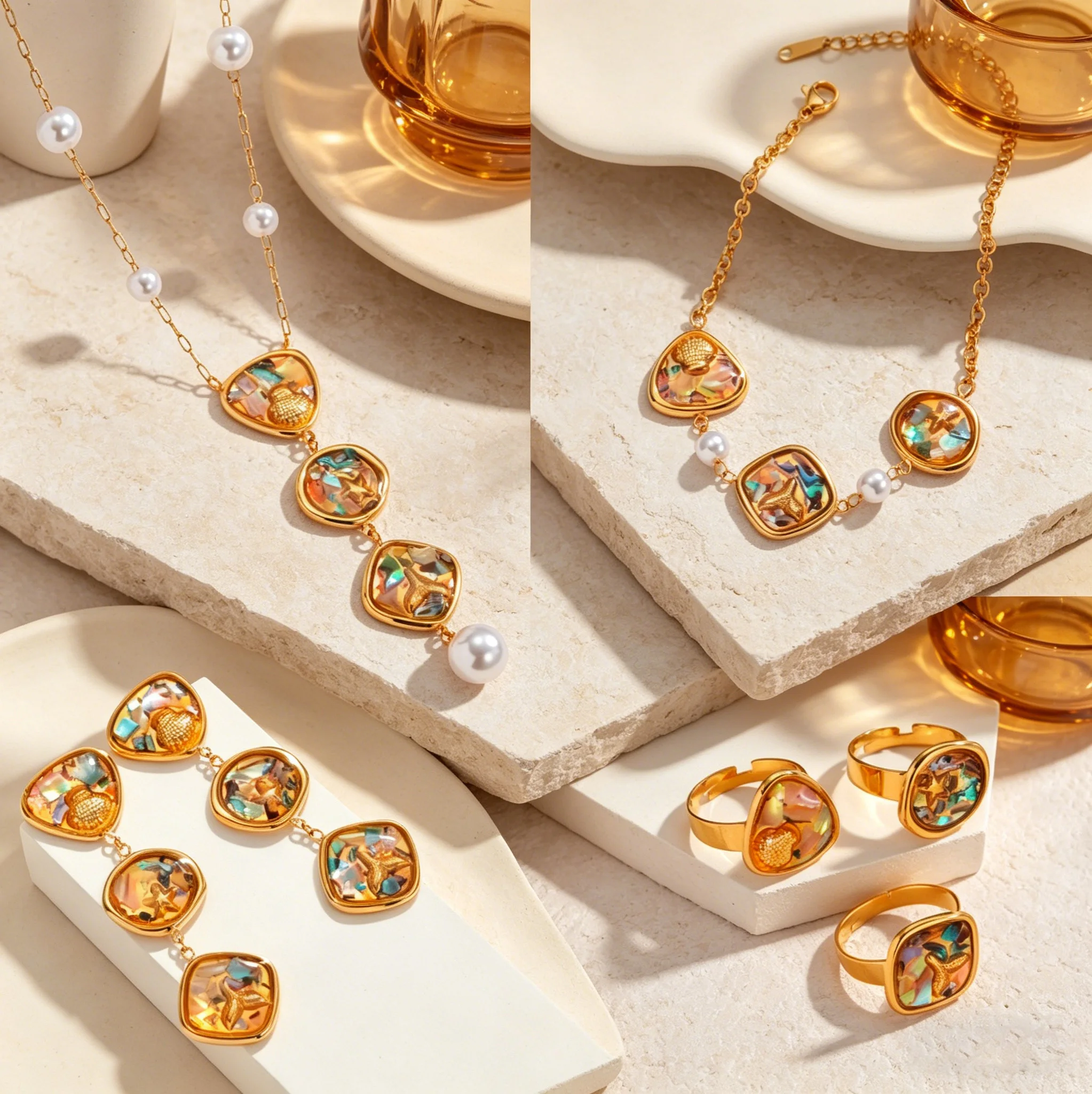 Fashion Abalone Shell Necklaces Rings Earrings Bracelet Jewelry Set For Women Stainless Steel Ocean Series Summer Jewelry  Gifts - view 2