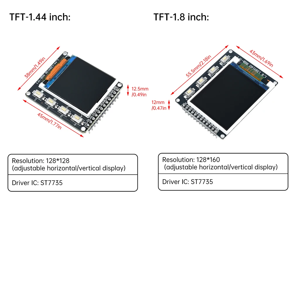 Módulo de exibição LCD de tela colorida TFT IPS de 0,96/1,3/1,44/1,8 polegadas com 4 botões ST7735 / ST7789 Interface de driver SPI