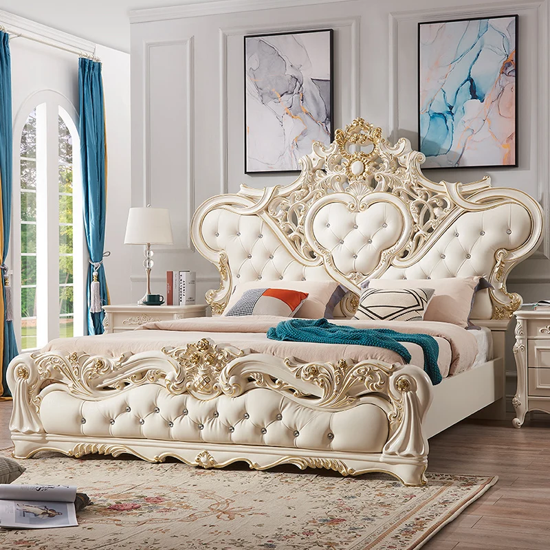 

Royal European Princess Bed Luxury Glamorous Queen White Leather Double Bed Modern Storage Cama Box Casal Furniture For Bedroom