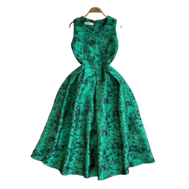 

Sweet Memory Elegant Lady Girl Green Jacquard Dress Summer Round Neck Slim A-line Sleeveless Party Dresses Ladies Vintage Dress