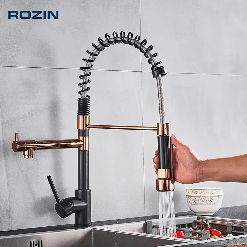 

Spring Pull Down Kitchen Faucet Black Flexible Deck Mounted Hot Cold Water Mixer Tap Crane with Dual Spout Kitchen Faucets