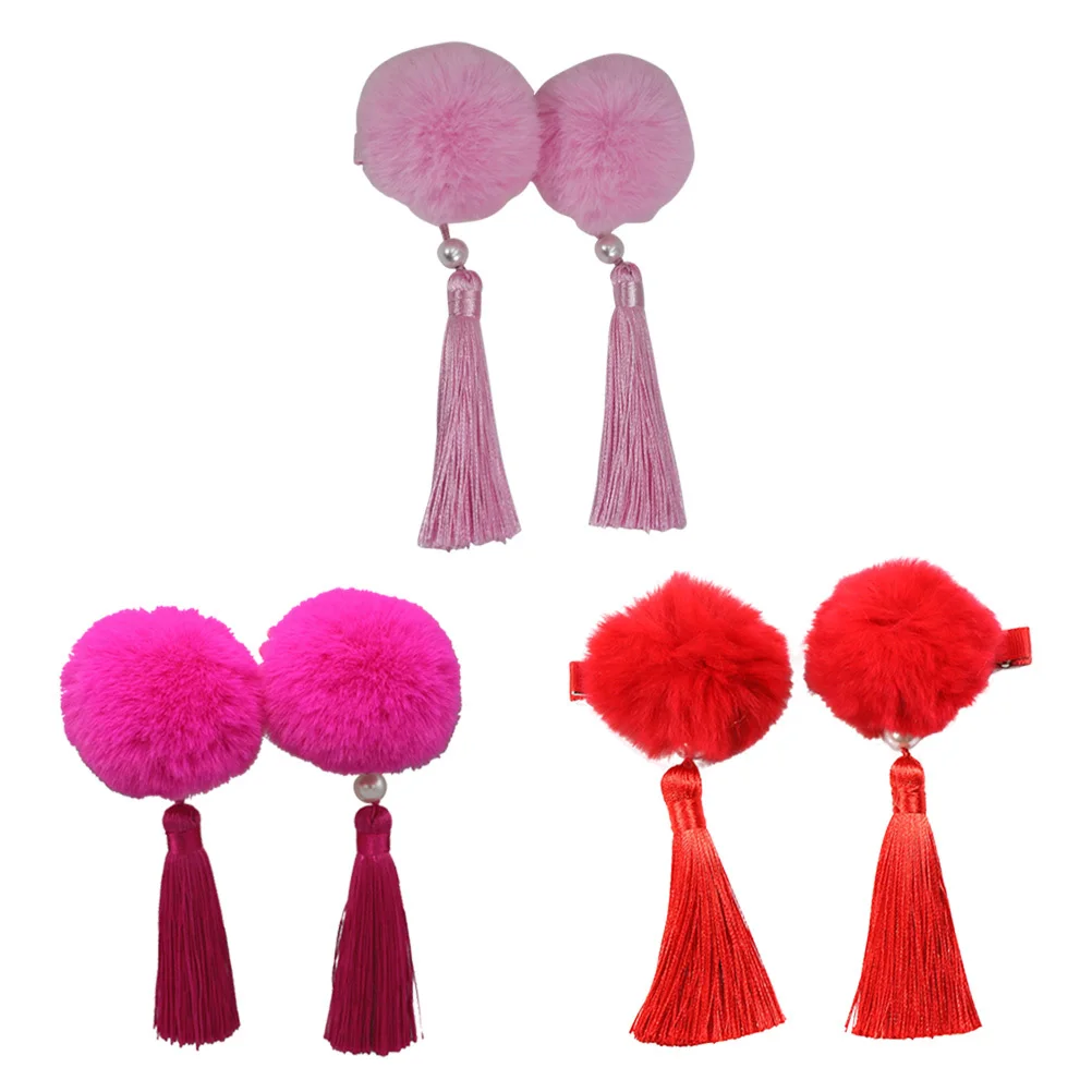 

6Pcs Tassel Hair Clips Hairball Barrette Chinese Style Hairpins Kids Girls Party Hair Accessories Red Pink Rosy Colors