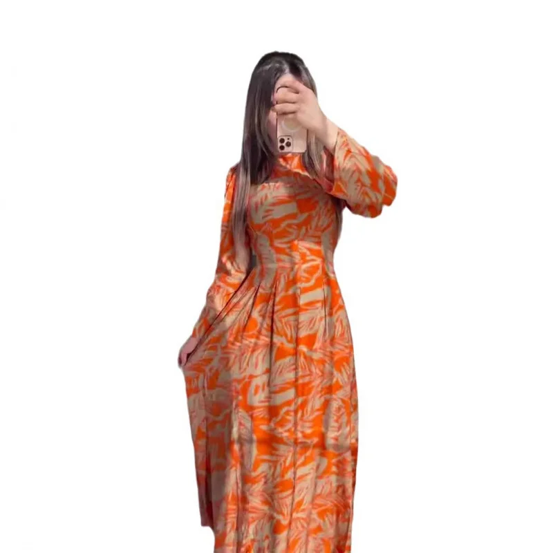 

2025Новое женское платье средней длины с длинными рукавами и принтом на талии для похудения в экзотическом стиле