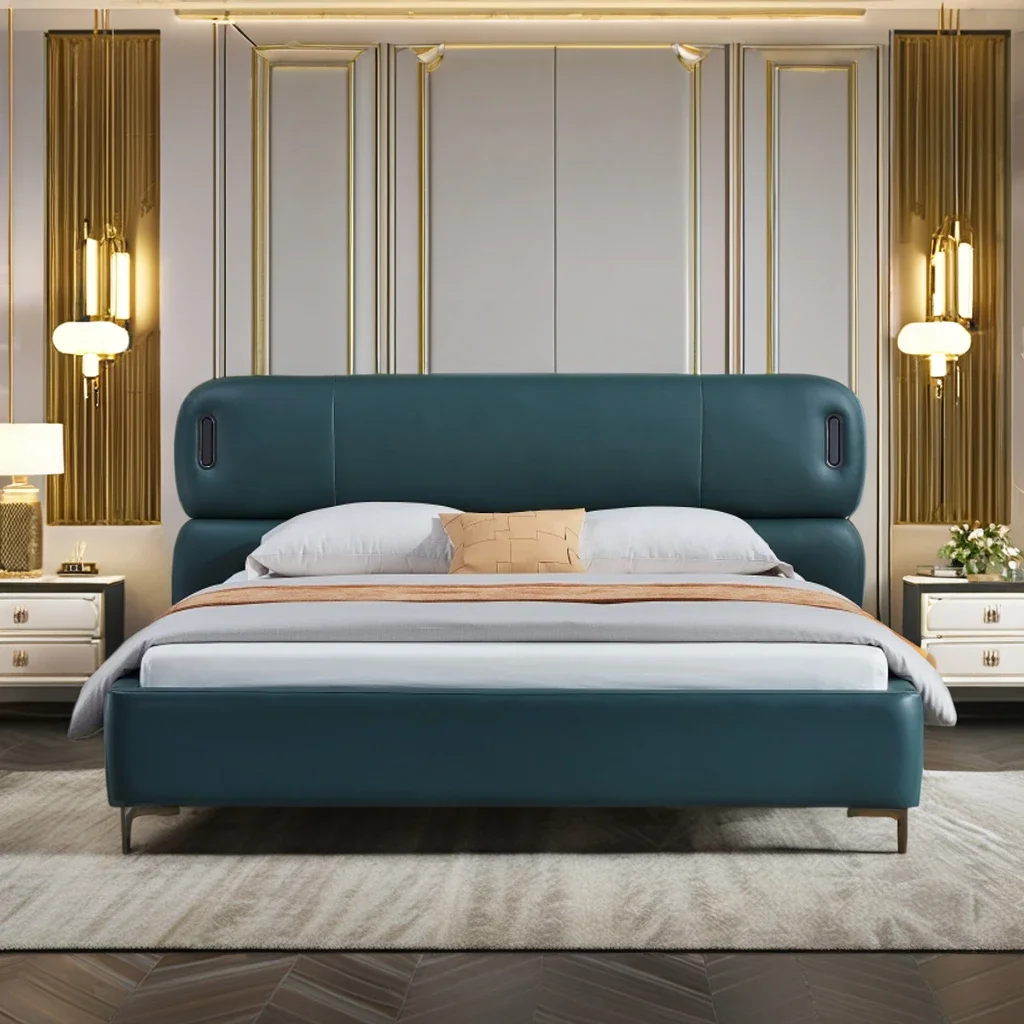 

A Luxury Italian Style Bedroom Furniture Modern King Queen Size Soft Bed Set with Wooden Frame Leather Upholstery for Home Hotel