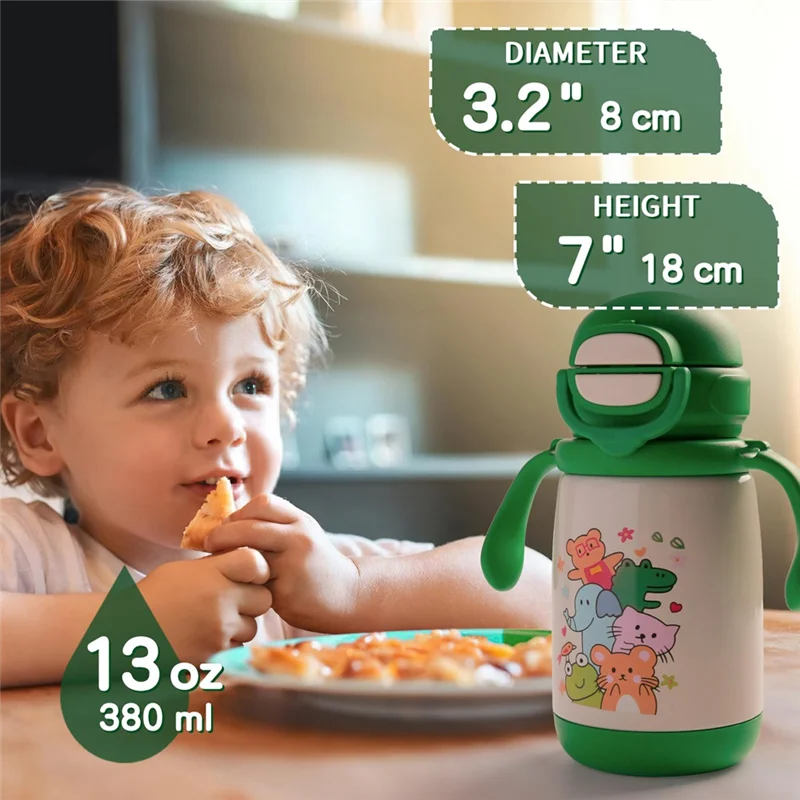 A07I Insulated 13 Oz Kids Water Bottle In 316 Stainless Steel, Includes Straw& Spout Lid, Shoulder Strap And Handle