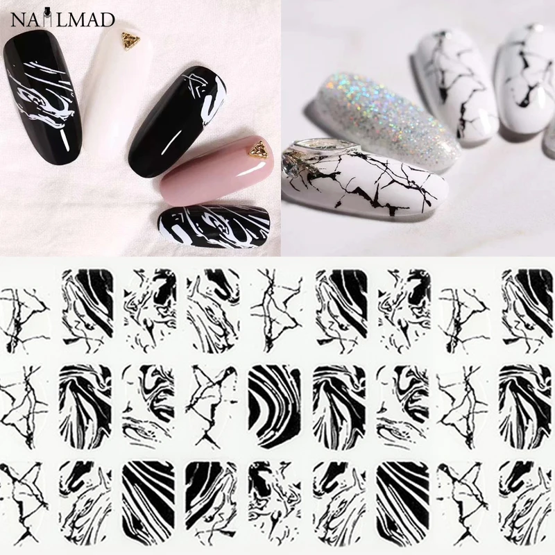 1 Vel Zwart Water Marmeren Nail Sticker Splash Inkt 3D Nail Art Stickers Wit Marmer Lijm Decals Volledige Wraps Nail decoraties