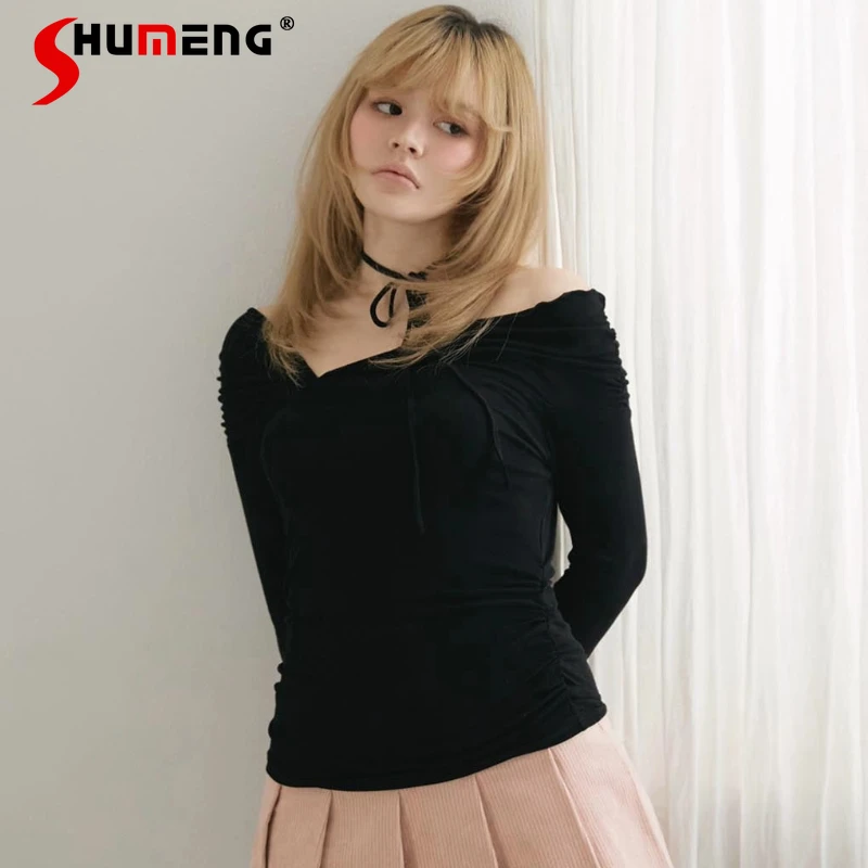 

Японский сладкий сексуальный топ с открытыми плечами и длинными рукавами, весна-осень 2023, женская облегающая повседневная универсальная футболка, женский повседневный пуловер