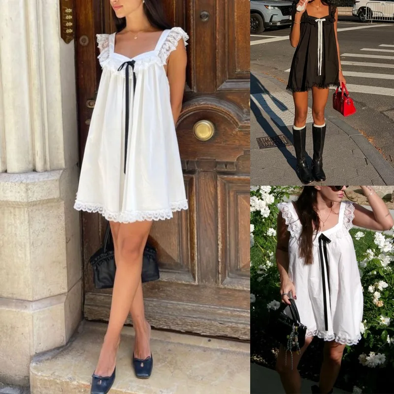 Damska sukienka mini na wakacje, długa, seksowna, luźna, z falbankami, z haftem koronkowym, smockowana w talii, na imprezę, linia A, 2025