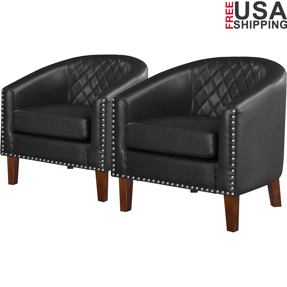 

Comfy Barrel Accent Chair Set of 2 Faux Leather Lounge Chair Club Chair with Diamond Grid Backrest Cushion Nailhead Trim