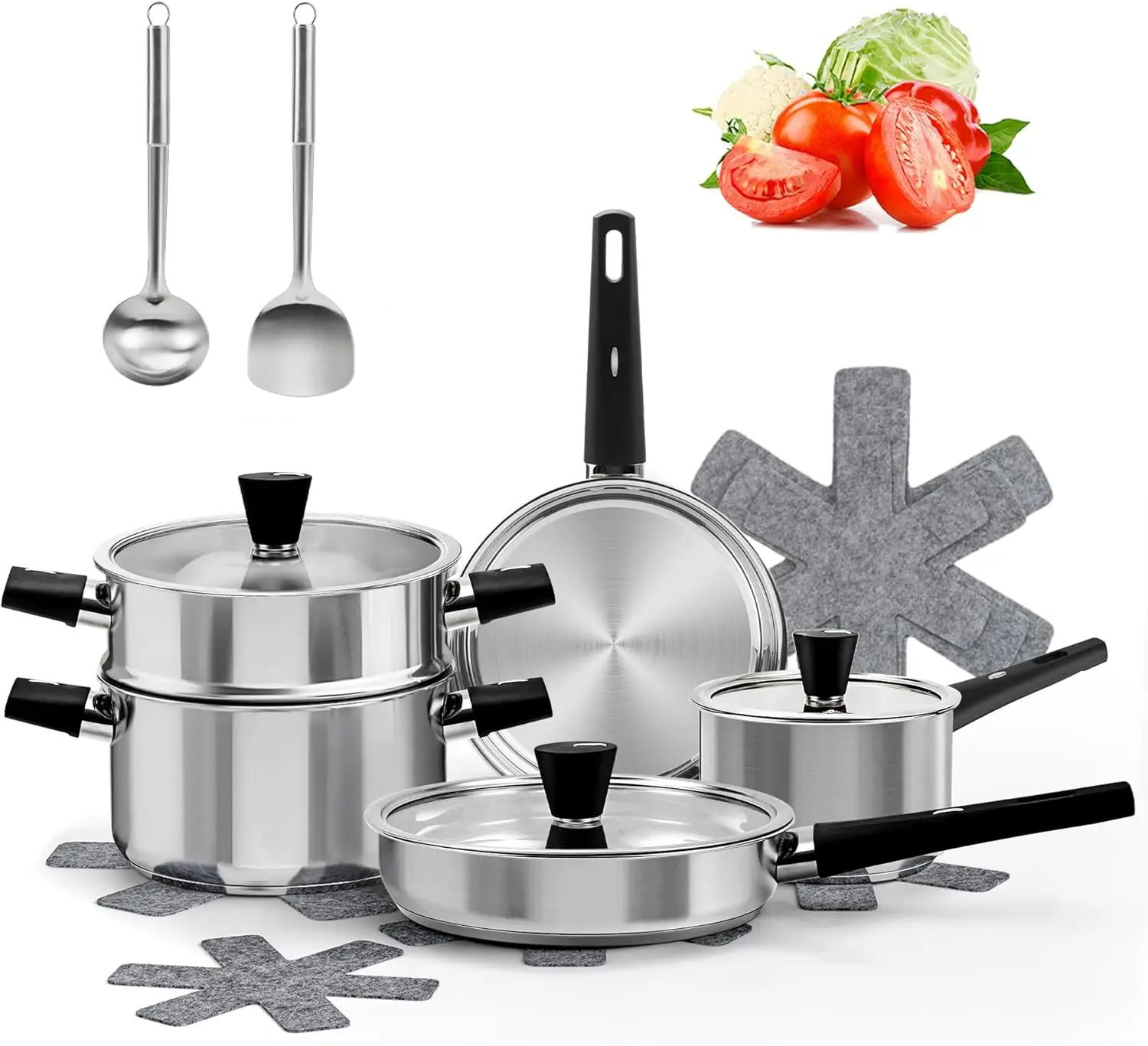 

Stainless steel cookware set, 14-piece pots and pans set, kitchen cookware set with insulated handle.