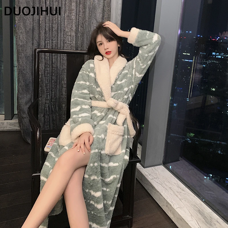 DUOJIHUI Chicly Belt Slim Waist Simple Female Nightgowns Winter New Contrast Color Fashion Thick Warm Flannel Women's Sleepwear