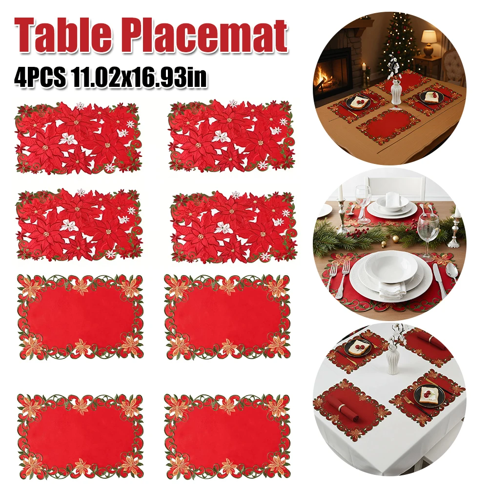 

Набор из 4 рождественских салфеток с вышивкой Poinsettia, 11,02x16,93 дюйма, красный, зеленый, полиэстеровый декор стола для домашней кухни