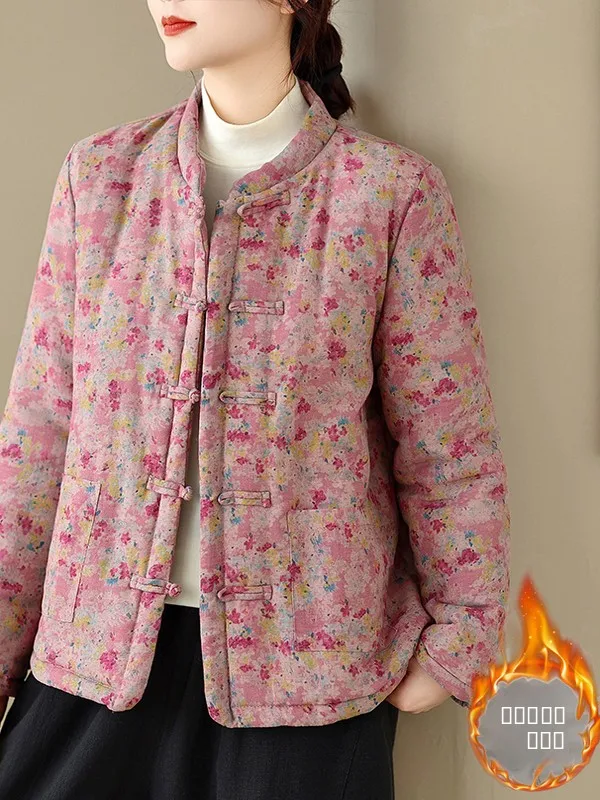 Gruba bawełniana kurtka damska w dużym rozmiarze, tradycyjny chiński styl, stara tkanina, styl Zen Hanfu, luźny krój, długi rękaw.