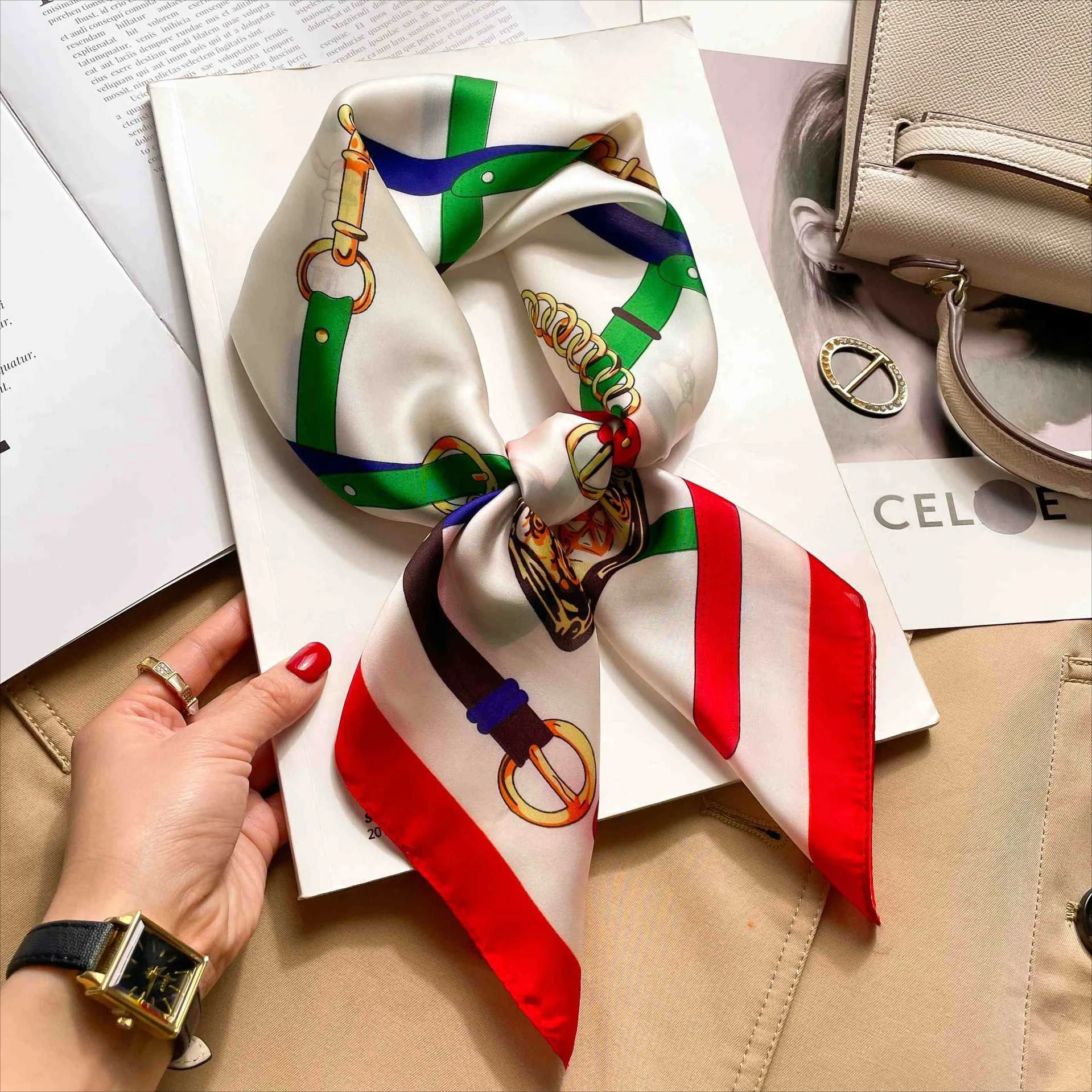 Pañuelo cuadrado de seda de lujo de 70 cm con estampado de cinturón, suave, de satén, para mujer, pañuelo para el pelo, pañuelo para el cuello, cinta para el pelo, fular, cinta para bolso