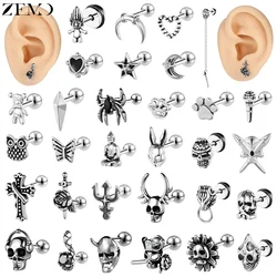 ZEMO 1 Piece Punk Stainless Steel Stud Earrings Men Women Skull Cross Spider Shape Ear Studs Vintage Tragus Cartilage Piercings