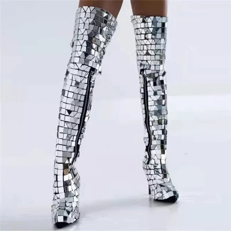 

Show girl Costume Party outfit Concert outfit party show costume EventReflective Silver Gold Mirror High Tube Shoe Cover Matchin
