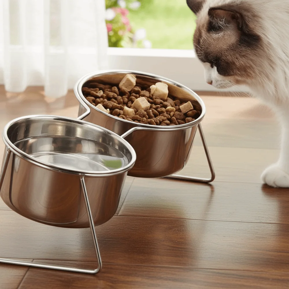 

Anti-Tipping Stainless Steel Cat Bowl with Stand Sturdy High Foot Dog Feeder Rust Proof Fall-Resistant Elevated Cat Food Bowl