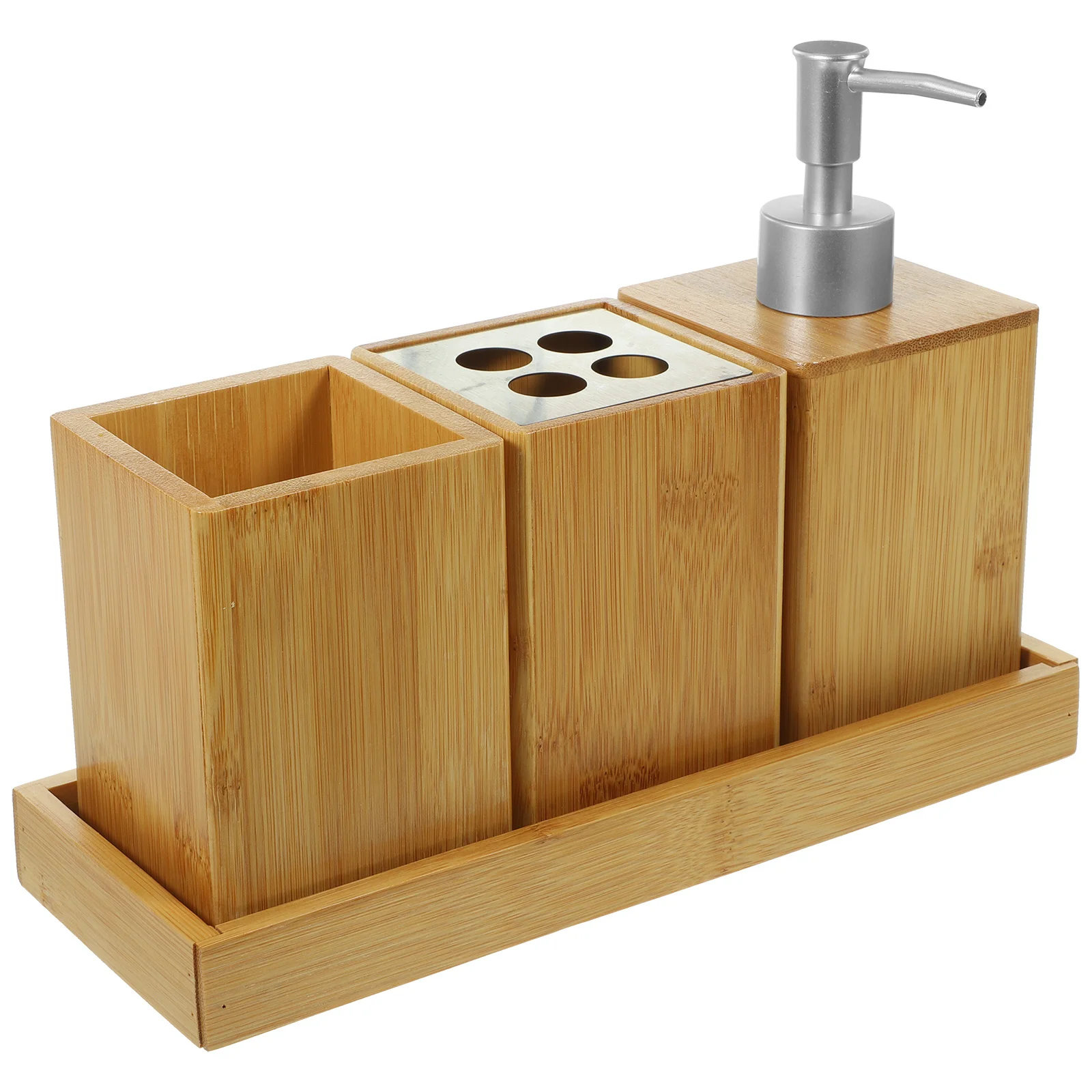 

1Set Bathroom Accessories Bamboo Toothbrush Holder Soap Dispenser Mouthwash Cup Bathroom Vanity Countertop Storage Organizer