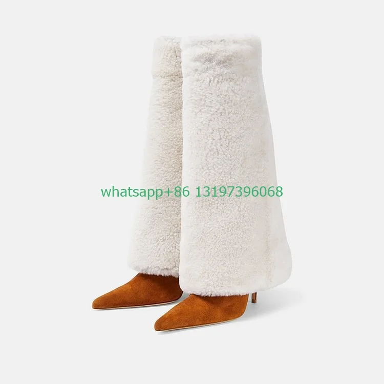 Lady fur turn-over  suede brown knee boots pointed toe stiletto heel boots causal feather runway elegant fur boots size 35-46