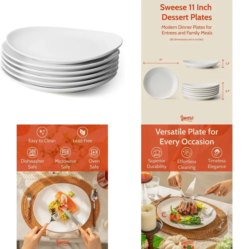 

porcelain 11 inch dinner plates set of 6 - white dinner plates - dishwasher, microwave, oven safe, scratch resistant