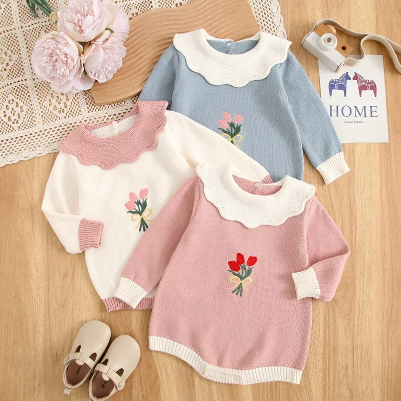 2026 New Spring 0-24M Toddler Baby Girl Knitted Romper Long Sleeved Floral Embroidery Infant Baby Girls Knitted Jumpsuit