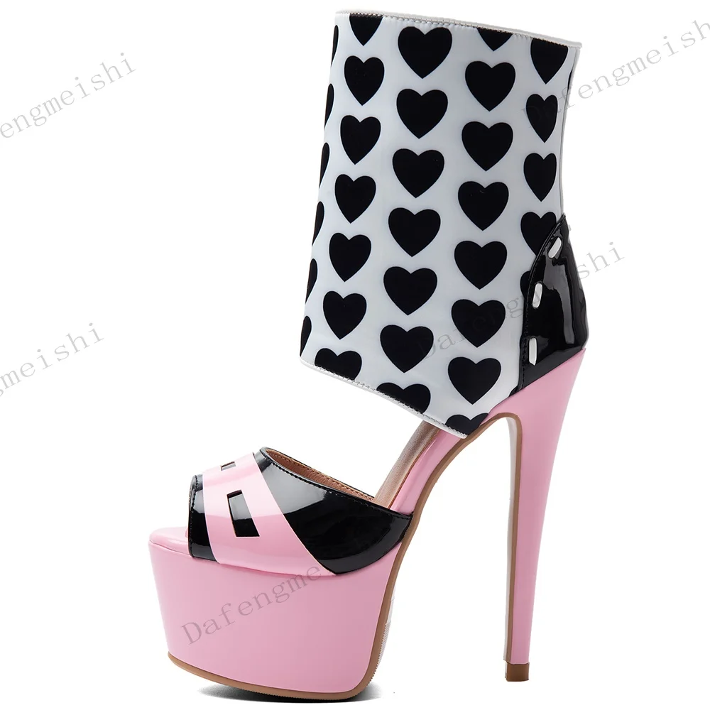 Damen-Sandalen mit Herz-Print, Knöchelriemen, Plateauabsatz, Peeptoe, Patchwork, seitlichem Reißverschluss, für Party, Cosplay, Abendkleid, Damenschuhe
