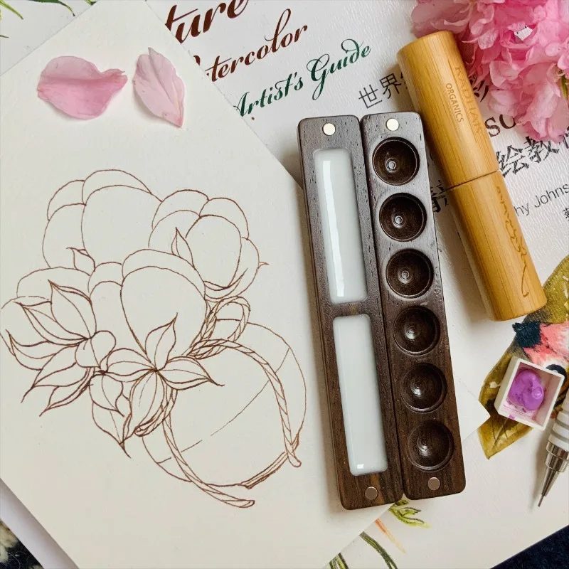

Wooden 6-color Watercolor Painting Palette Portable Pigment Box Art Student Outdoor Sketching and Painting Creation Art Supplies