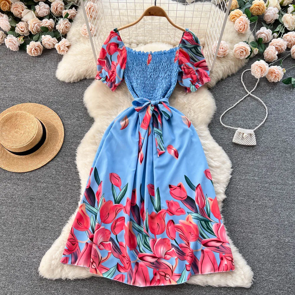 YuooMuoo Fashion Summer Flower Print Long Dress Women Vintage Square Neck Ruched Chest Sash Bandage Sundress Party Vestidos